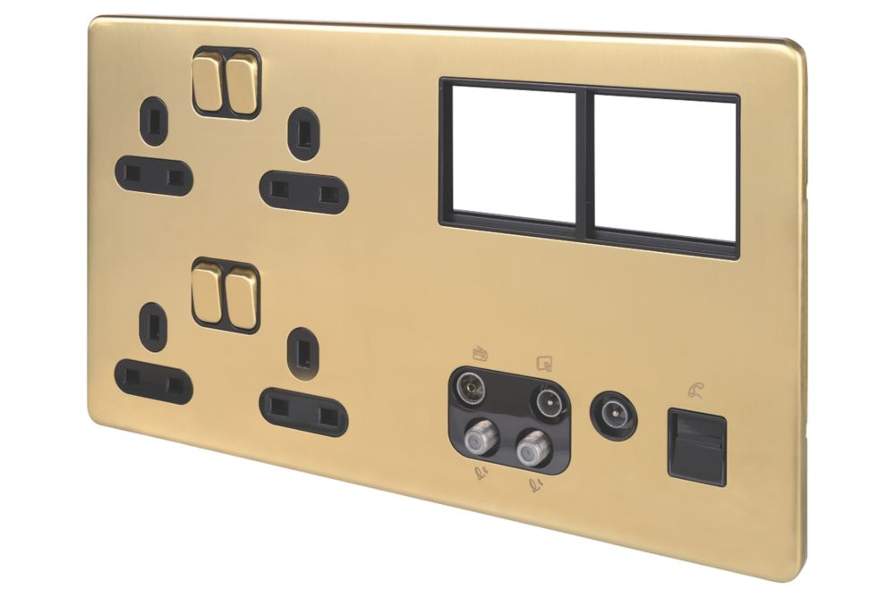 Image of Schneider Electric Lisse Deco 13A 2-Gang Data Socket Satin Brass with Black Inserts 