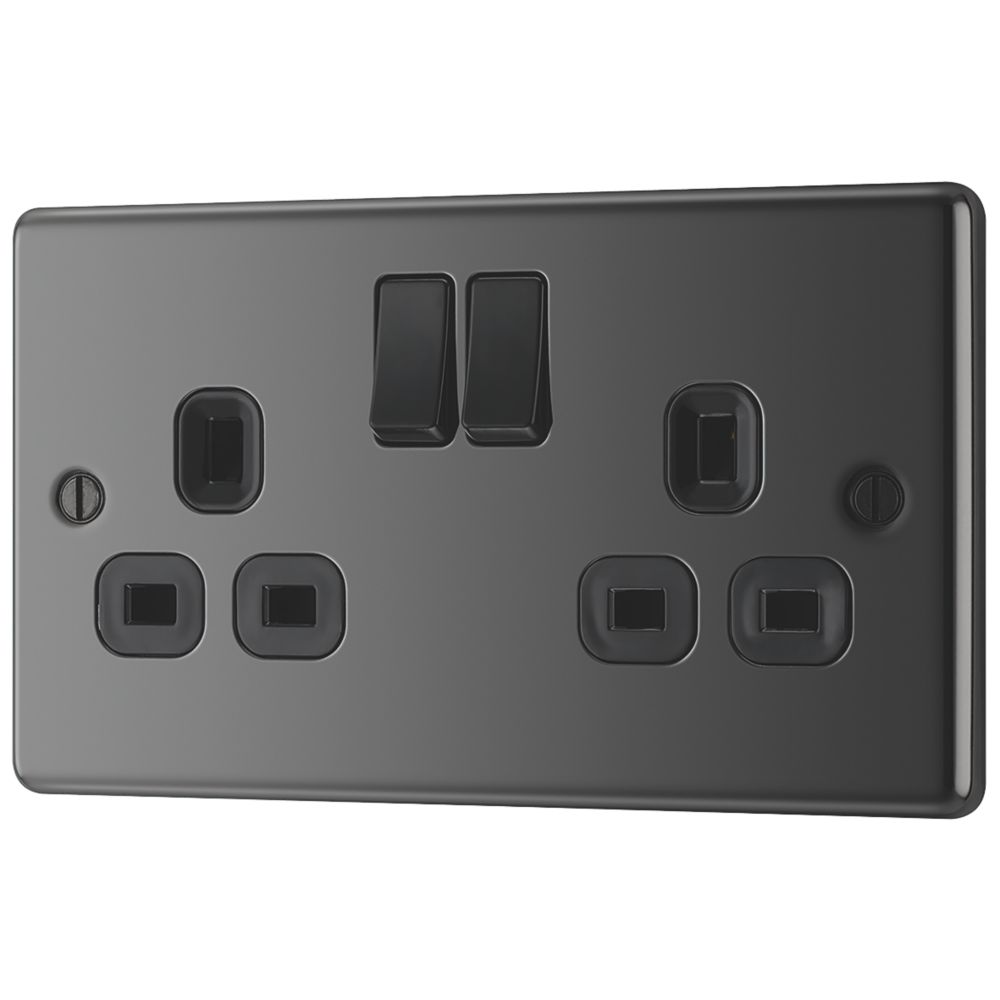 Image of LAP 13A 2-Gang SP Switched Plug Socket Black Nickel with Black Inserts 