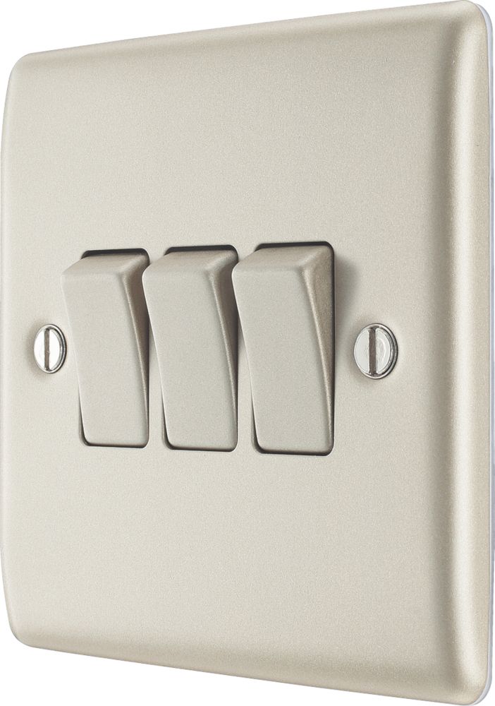 Image of British General Nexus Metal 20A 16AX 3-Gang 2-Way Light Switch Pearl Nickel with Colour-Matched Inserts 