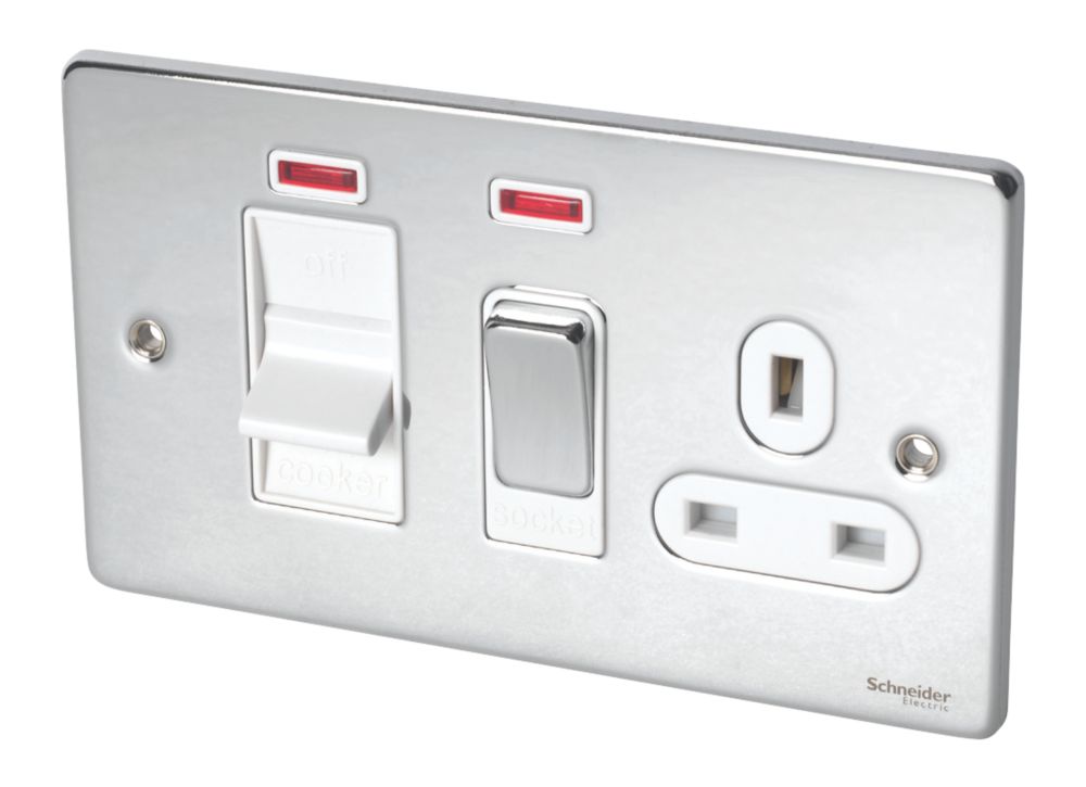Image of Schneider Electric Ultimate Low Profile 45A 2-Gang DP Cooker Switch & 13A DP Switched Socket Polished Chrome with Neon with White Inserts 