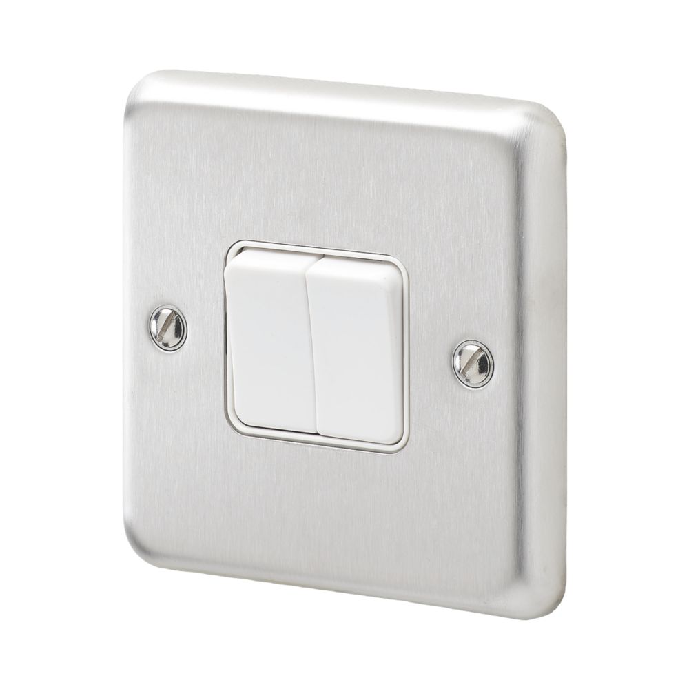 Image of MK Contoura 10A 2-Gang 2-Way Switch Brushed Stainless Steel with White Inserts 