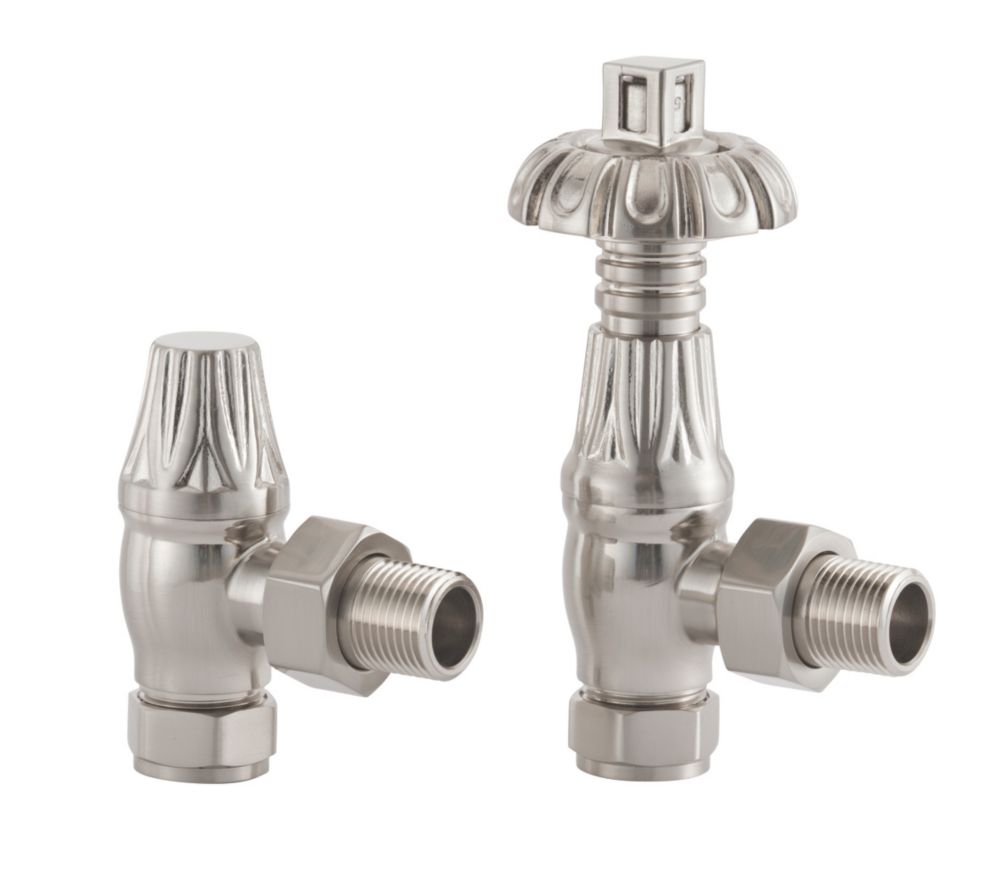 Image of Arroll UK-18 Brushed Nickel Angled Thermostatic Ornate Head TRV & Lockshield 15mm x 1/2" 