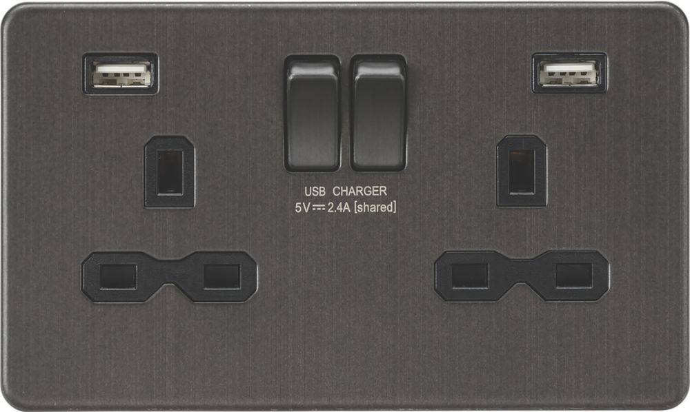 Image of Knightsbridge 13A 2-Gang SP Switched Socket + 2.4A 2-Outlet Type A USB Charger Smoked Bronze with Black Inserts 