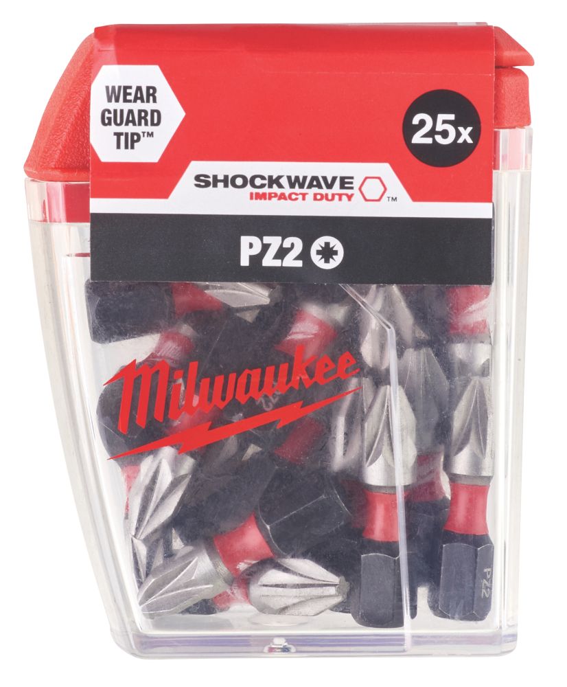 Image of Milwaukee Shockwave 1/4" 25mm Straight Shank PZ2 Screwdriver Bits 25 Pack 