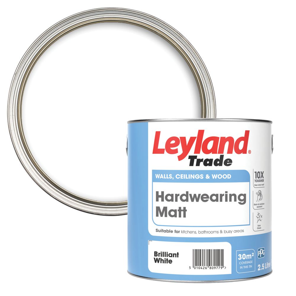 Image of Leyland Trade Hardwearing Matt Brilliant White Emulsion Paint 2.5Ltr 