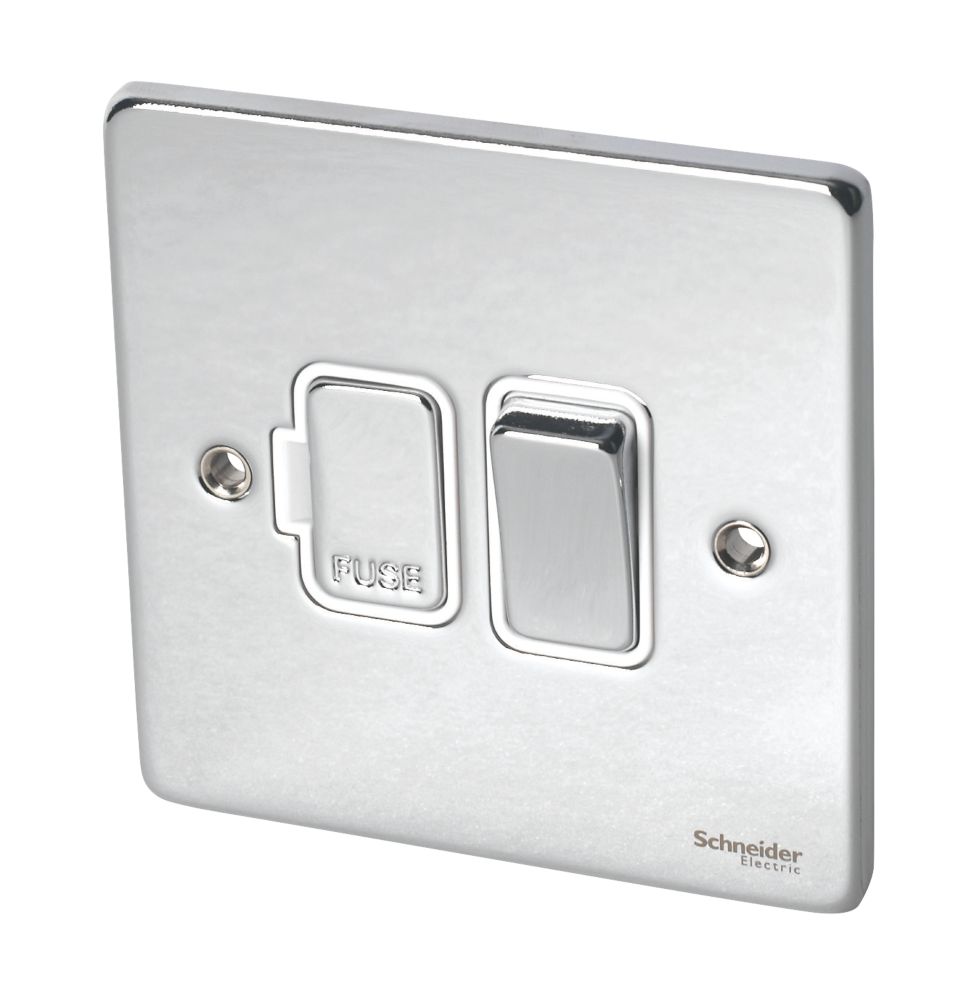 Image of Schneider Electric Ultimate Low Profile 13A Switched Fused Spur Polished Chrome with White Inserts 