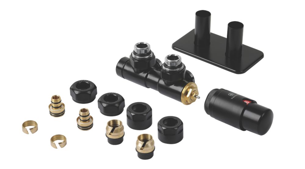 Image of Terma Twins All-in-One Integrated Black Angled Thermostatic TRV, Lockshield & Pipe Masking Set L/S 1/2" x 15mm 