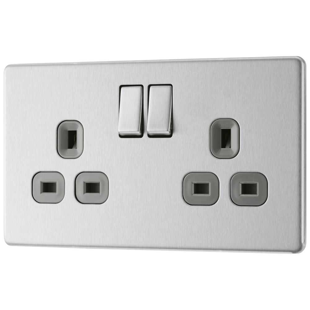Image of LAP 13A 2-Gang DP Switched Power Socket Brushed Stainless Steel with Graphite Inserts 