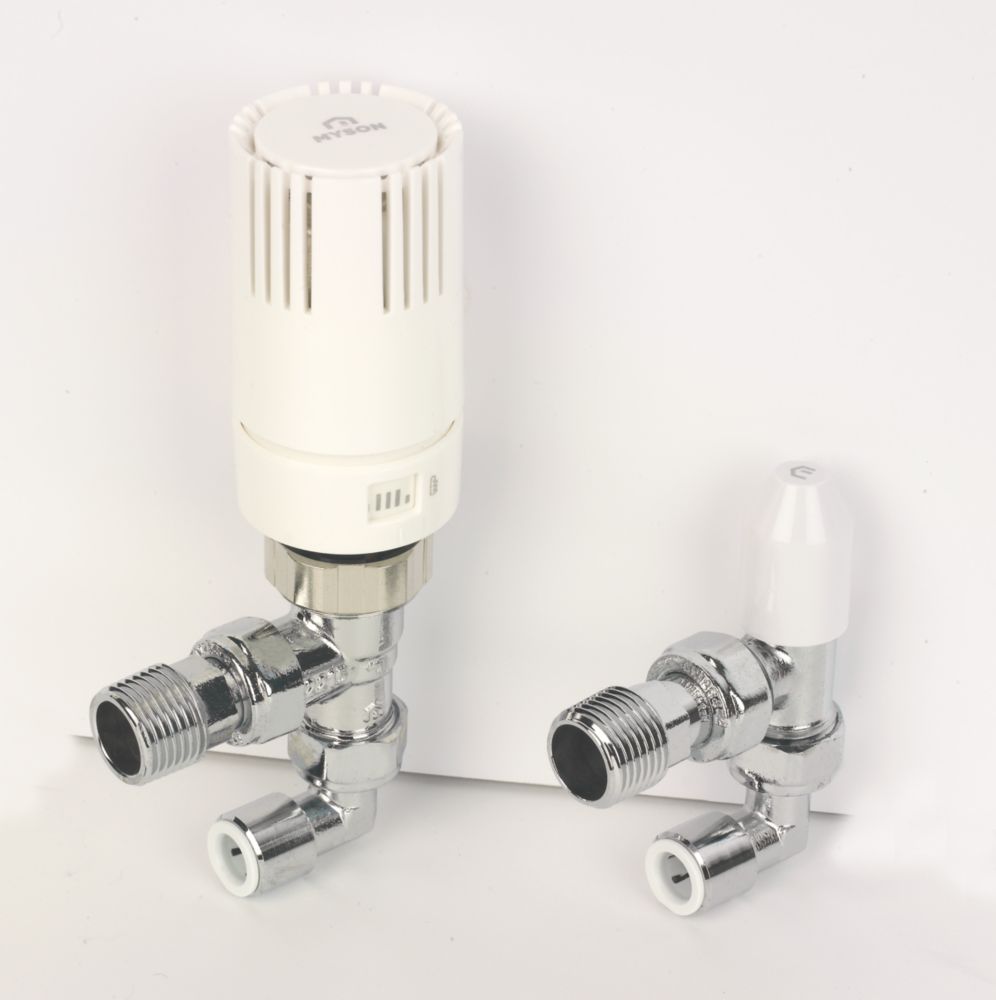 Image of Myson TRV2PAK10ACPF90 White Angled Thermostatic Push-Fit TRV & Lockshield with 90Â° Elbow 10mm x 1/2" 