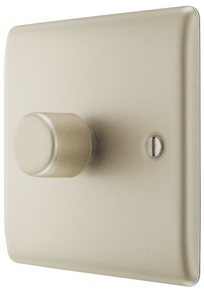 Image of British General Nexus Metal 1-Gang 2-Way LED Trailing Edge Single Push Dimmer Switch with Rotary Control Pearl Nickel with Colour-Matched Inserts 