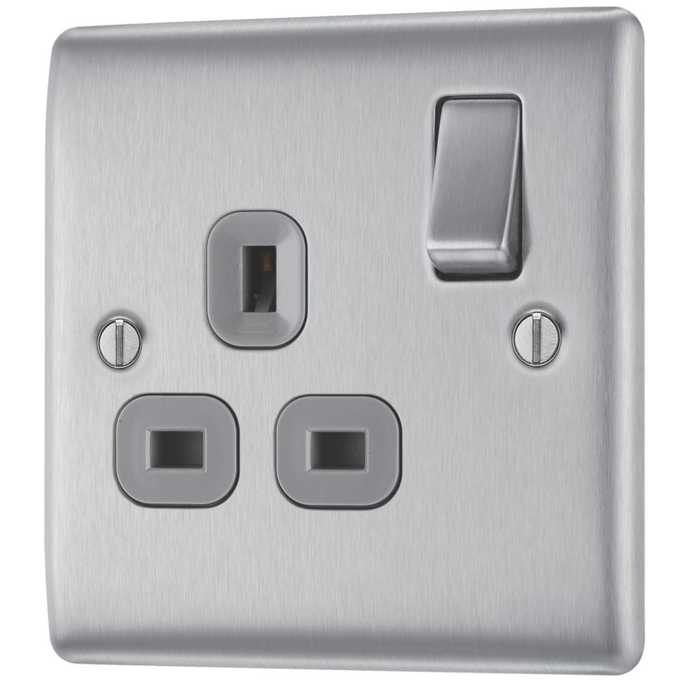 Image of British General Nexus Metal 13A 1-Gang SP Switched Plug Socket Brushed Steel with Graphite Inserts 