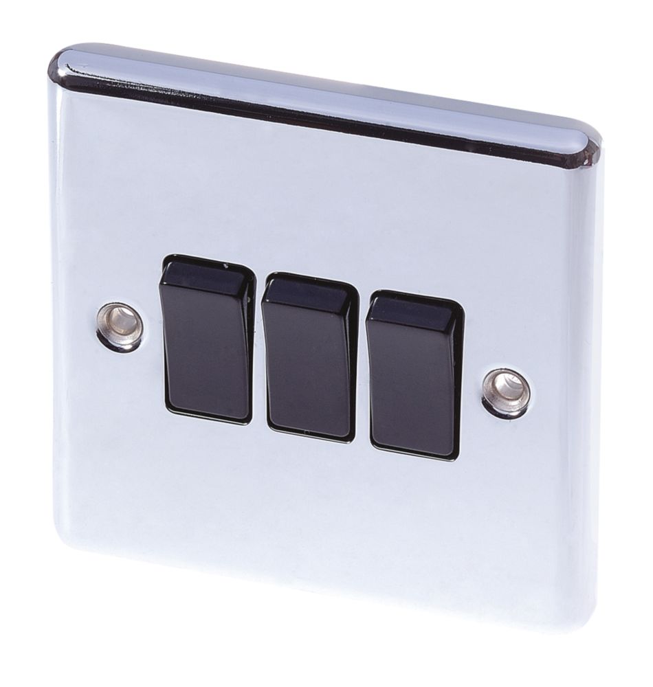 Image of LAP 10AX 3-Gang 2-Way Light Switch Polished Chrome with Black Inserts 