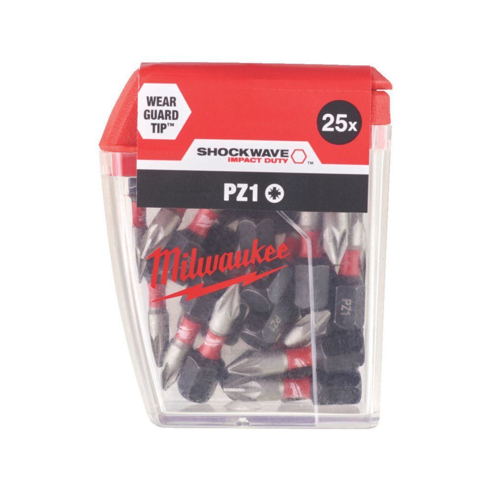 Image of Milwaukee SHOCKWAVE 1/4" 25mm Hex Shank PZ1 Screwdriver Bits 10 Pack 