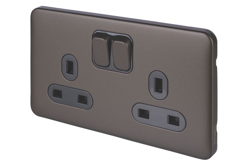 Image of Schneider Electric Lisse Deco 13A 2-Gang SP Switched Plug Socket Mocha Bronze with Black Inserts 