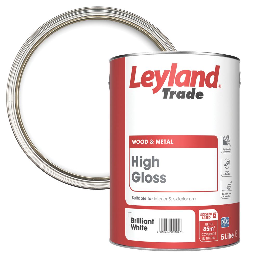 Image of Leyland Trade High Gloss Brilliant White Trim Paint 5Ltr 