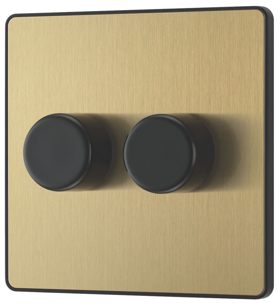Image of British General Evolve 2-Gang 2-Way LED Trailing Edge Double Push Dimmer with Rotary Control Satin Brass with Black Inserts 