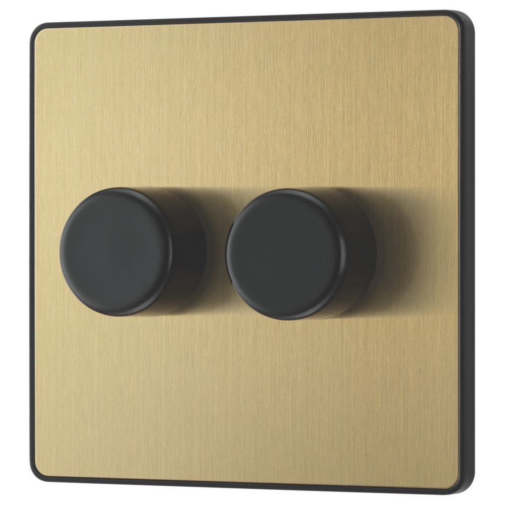 Image of British General Evolve 2-Gang 2-Way LED Trailing Edge Double Push Dimmer with Rotary Control Satin Brass with Black Inserts 