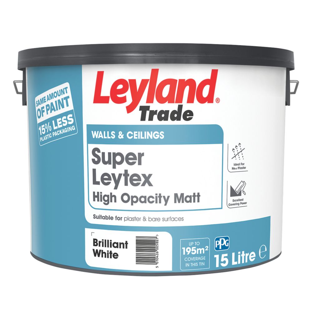Image of Leyland Trade Super Leytex Matt Brilliant White Emulsion Paint 15Ltr 