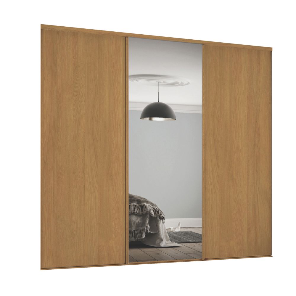 Image of Spacepro Classic 3-Door Sliding Wardrobe Door Kit Oak Frame Oak / Mirror Panel 2216mm x 2260mm 