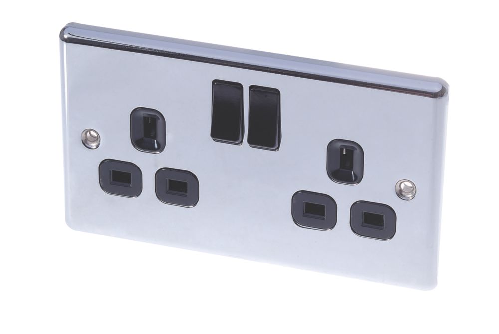 Image of LAP 13A 2-Gang SP Switched Plug Socket Polished Chrome with Black Inserts 