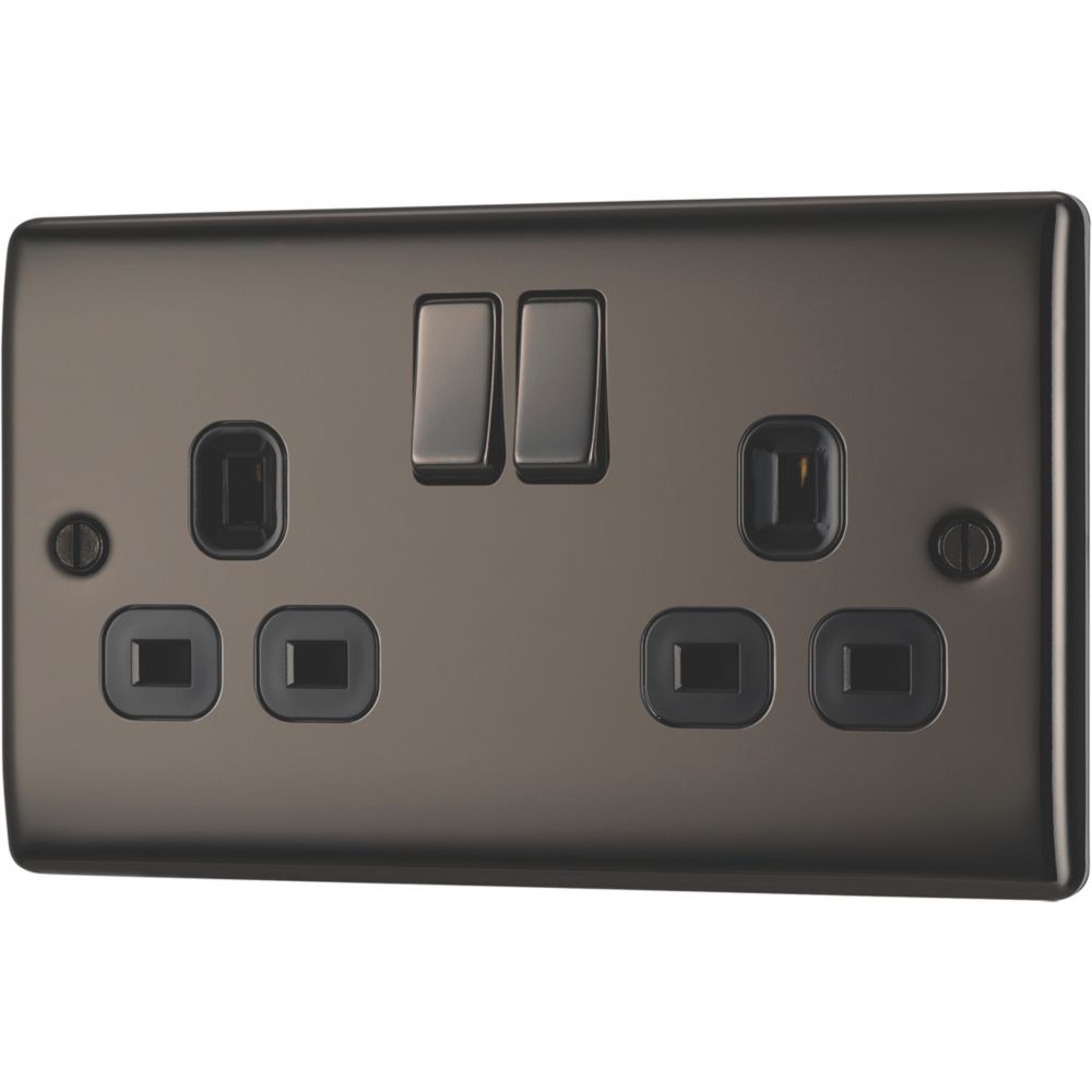 Image of British General Nexus Metal 13A 2-Gang DP Switched Plug Socket Black Nickel with Black Inserts 