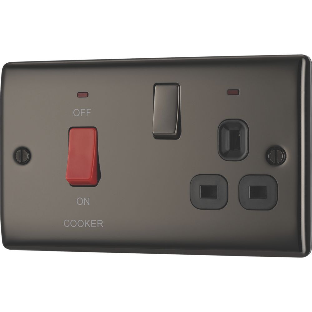 Image of British General Nexus Metal 45A 2-Gang DP Cooker Switch & 13A DP Switched Socket Black Nickel with LED with Black Inserts 