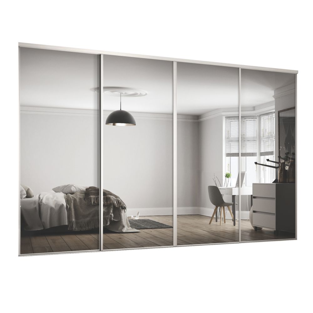 Image of Spacepro Classic 4-Door Framed Sliding Mirror Wardrobe Doors White Frame Mirror Panel 2978mm x 2260mm 