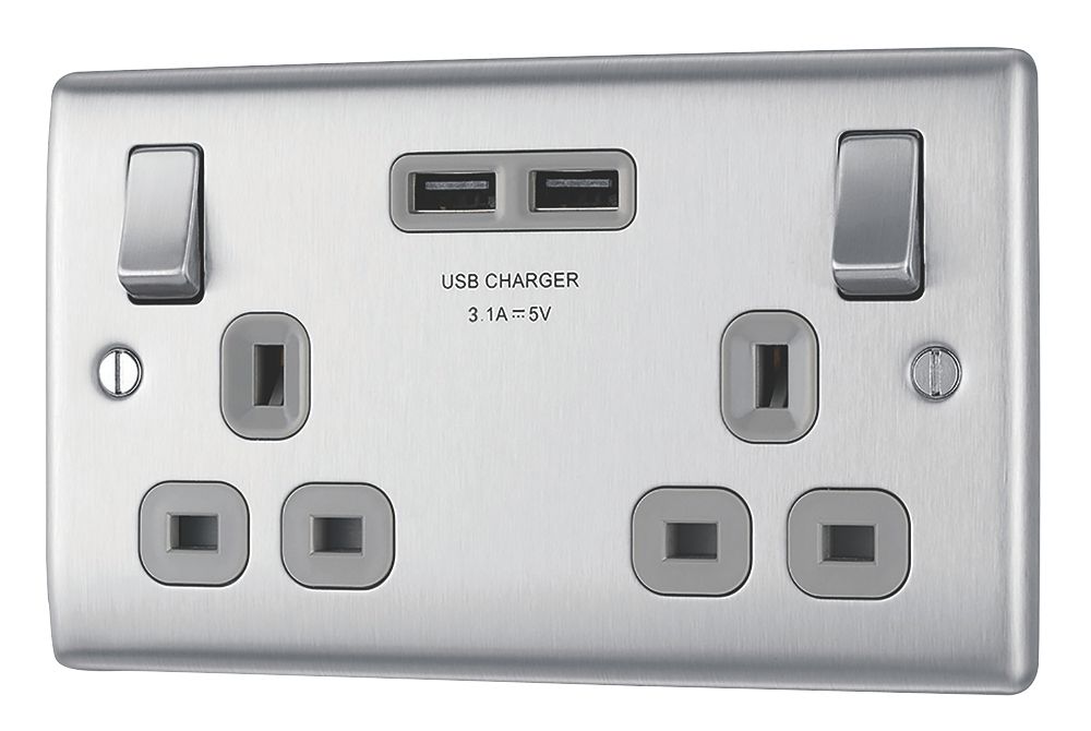 Image of British General Nexus Metal 13A 2-Gang SP Switched Socket + 3.1A 2-Outlet Type A USB Charger Brushed Steel with Graphite Inserts 