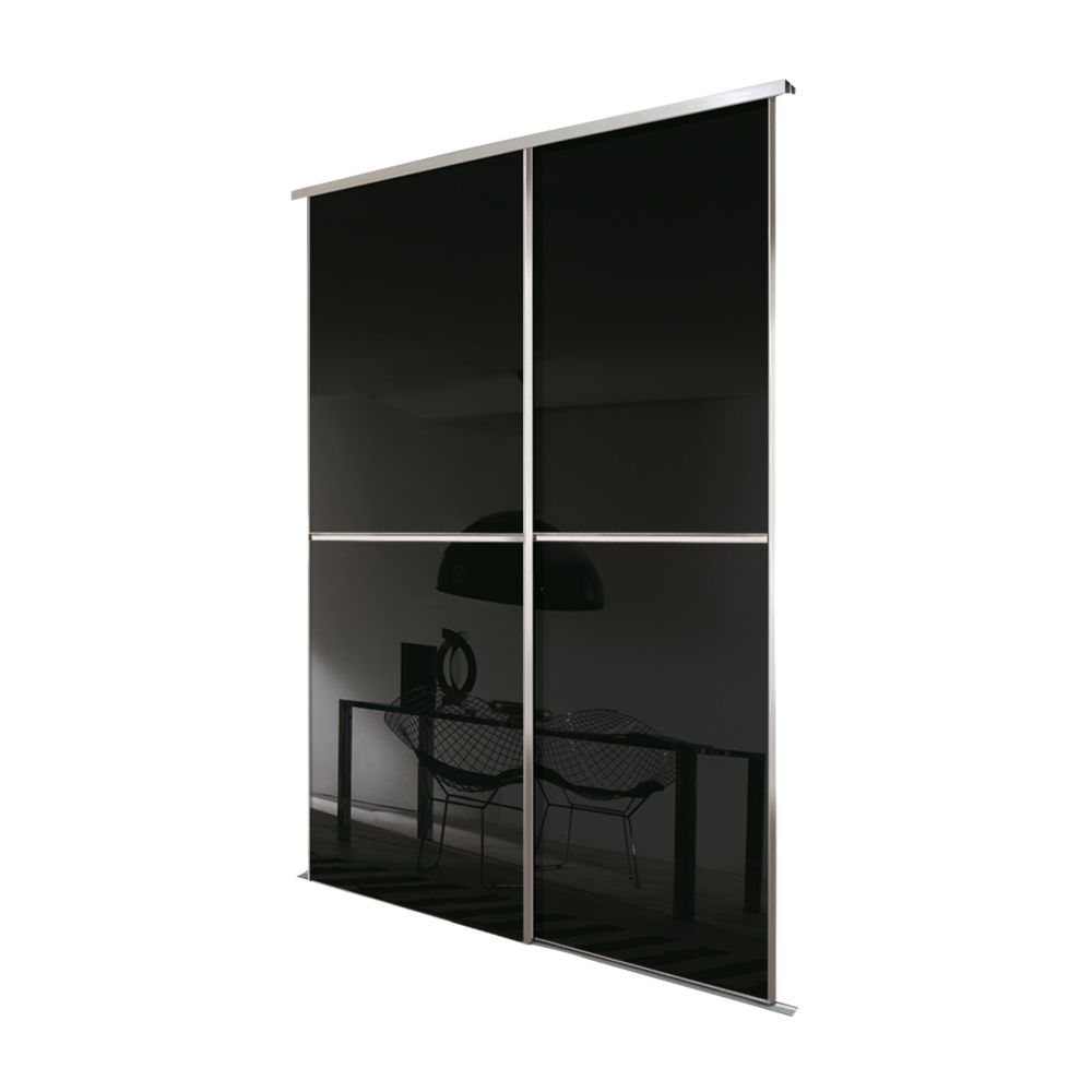 Image of Spacepro Minimalist 2-Door Sliding Wardrobe Door Kit Silver Frame Black Glass Panel 1512mm x 2260mm 