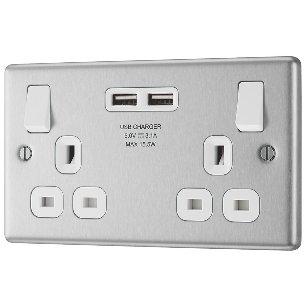 Image of LAP 13A 2-Gang SP Switched Socket + 3.1A 2-Outlet Type A USB Charger Brushed Stainless Steel with White Inserts 