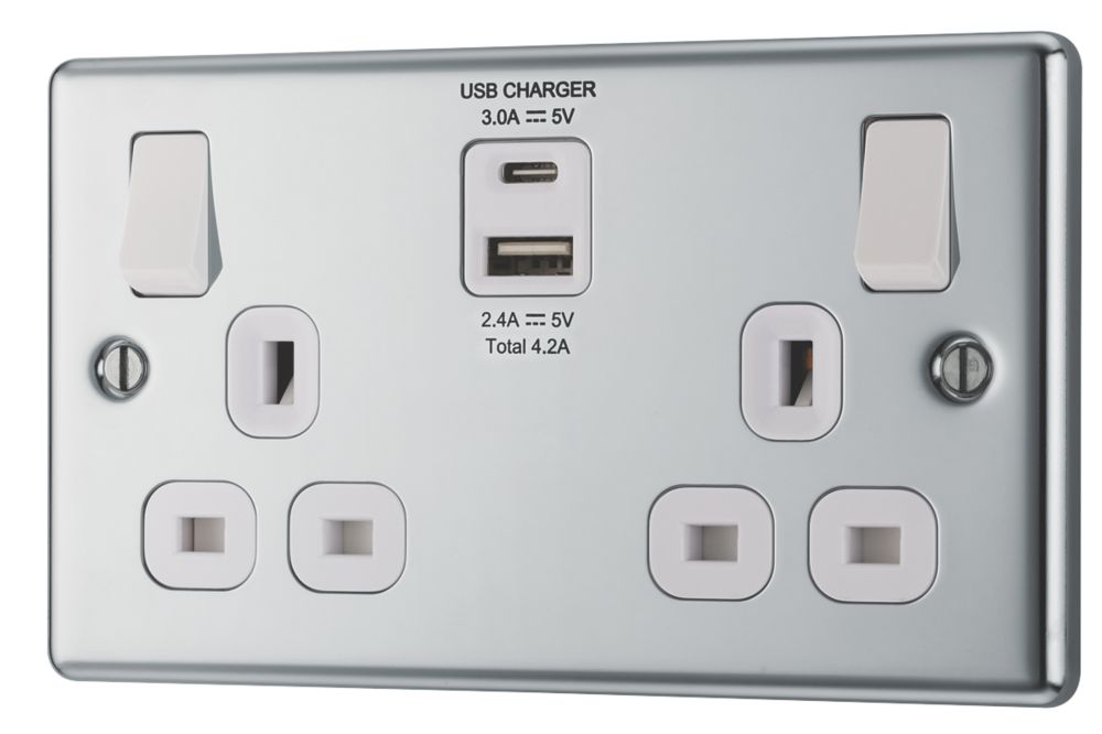 Image of LAP 13A 2-Gang SP Switched Socket + 4.2A 2-Outlet Type A & C USB Charger Polished Chrome with White Inserts 