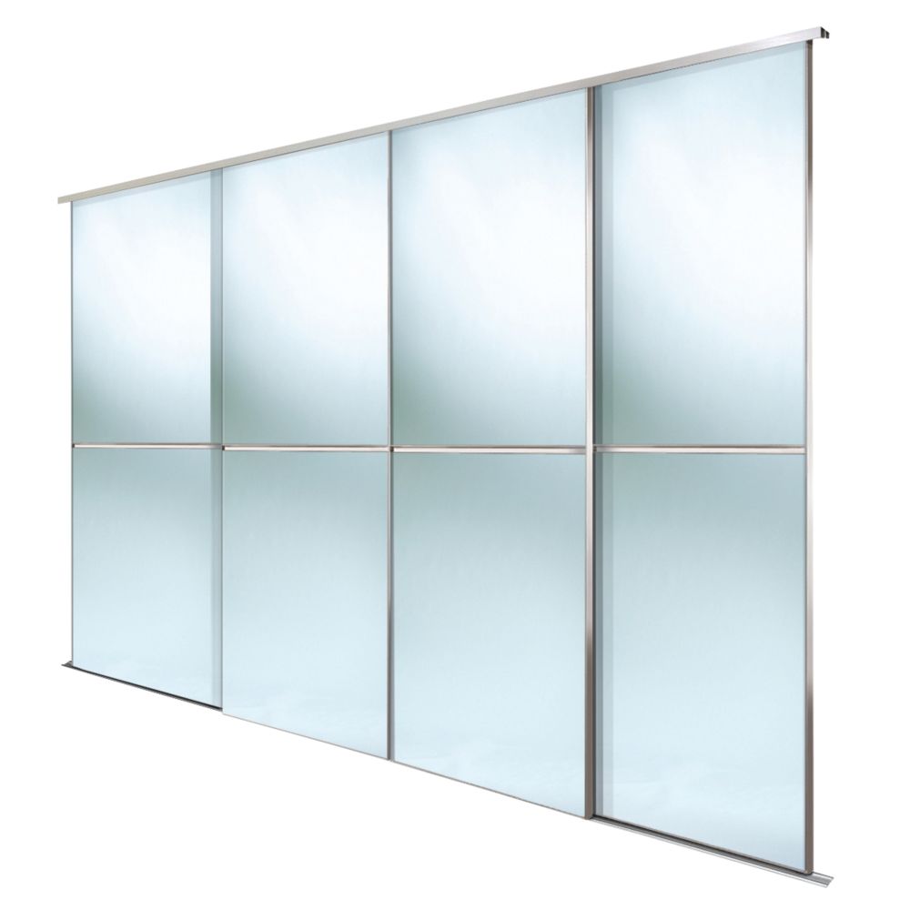 Image of Spacepro Minimalist 4-Door Sliding Wardrobe Door Kit Silver Frame Mirror Panel 2416mm x 2260mm 