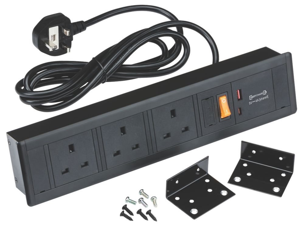 Image of Knightsbridge 13A 3-Gang SP Switched Power Station + 4.0A 2-Outlet Type A & C USB Charger Black 