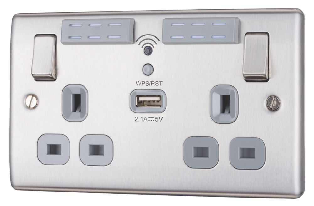 Image of British General Nexus Metal 13A 2-Gang SP Switched Wi-Fi Extender Socket + 2.1A 1-Outlet Type A USB Charger Brushed Stainless Steel with Graphite Inserts 