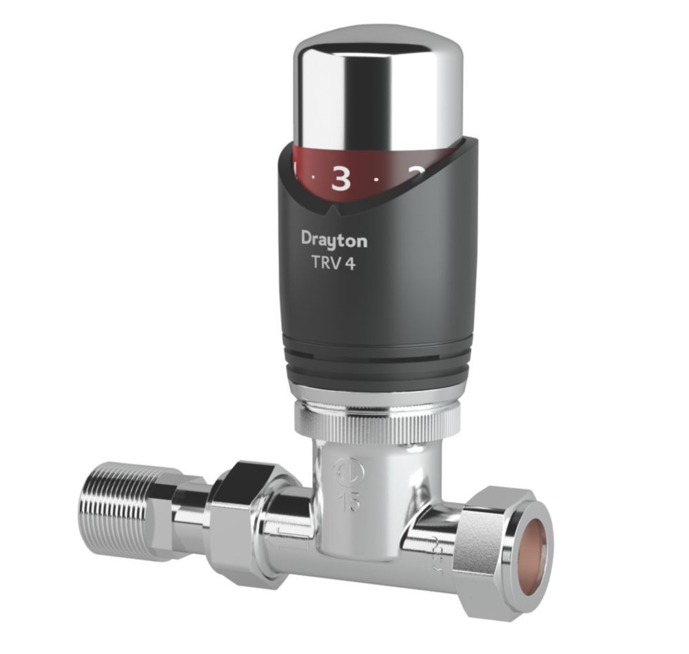 Image of Drayton TRV4 Grey Straight Thermostatic TRV & Lockshield 15mm x 1/2" 