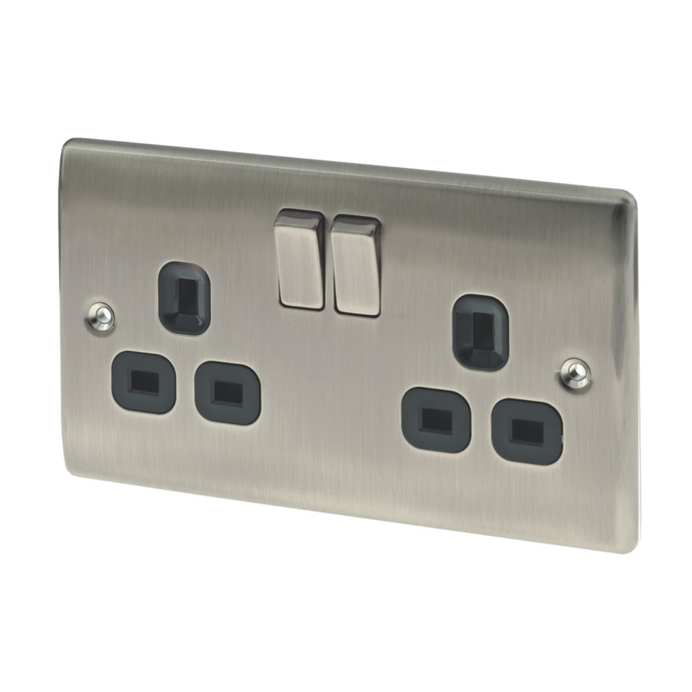 Image of British General Nexus Metal 13A 2-Gang DP Switched Plug Socket Brushed Iridium with Black Inserts 