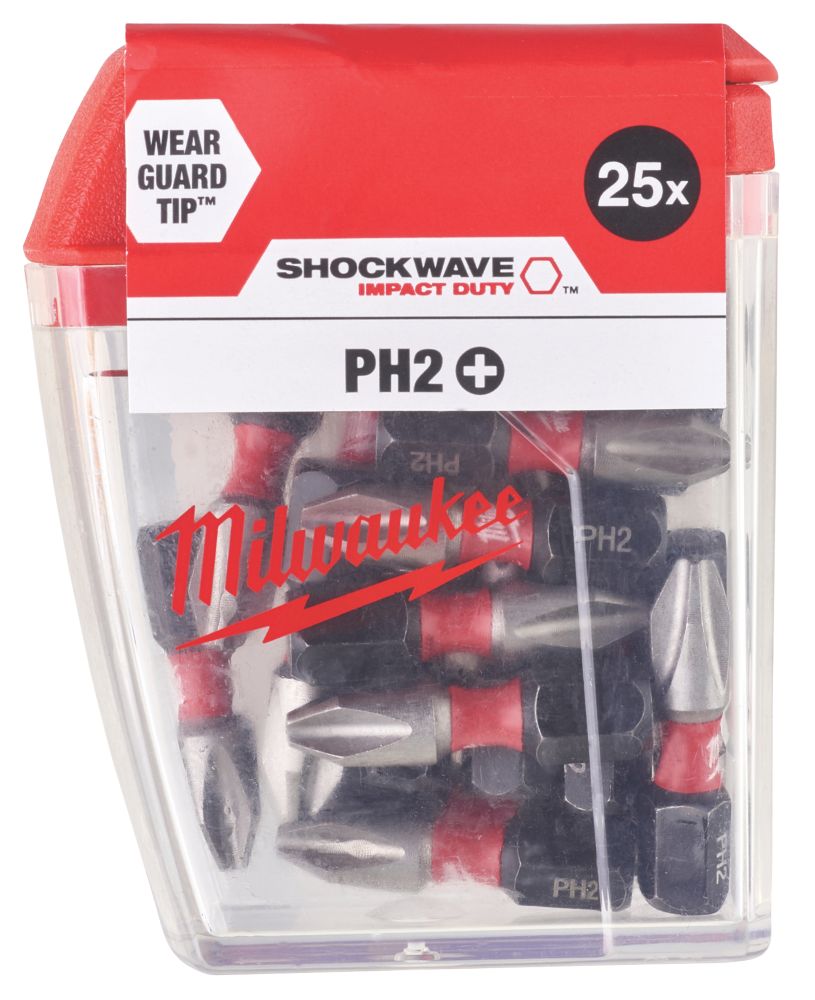 Image of Milwaukee Shockwave 1/4" 25mm Straight Shank PH2 Screwdriver Bits 25 Pack 