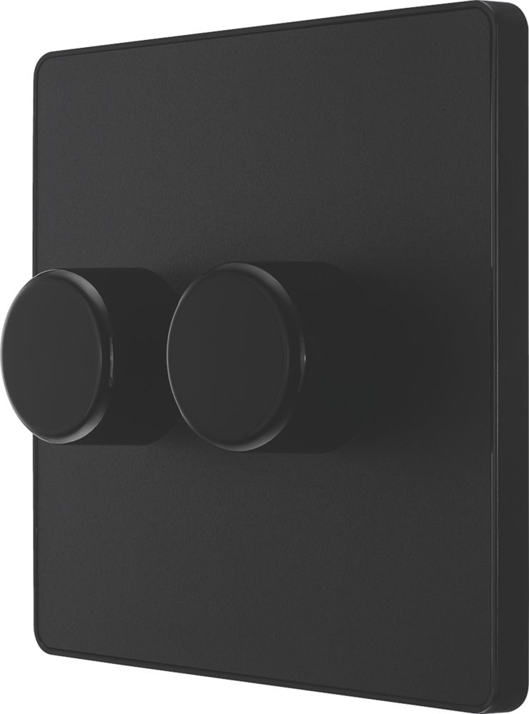 Image of British General Evolve 2-Gang 2-Way LED Trailing Edge Double Push Dimmer with Rotary Control Matt Black with Black Inserts 