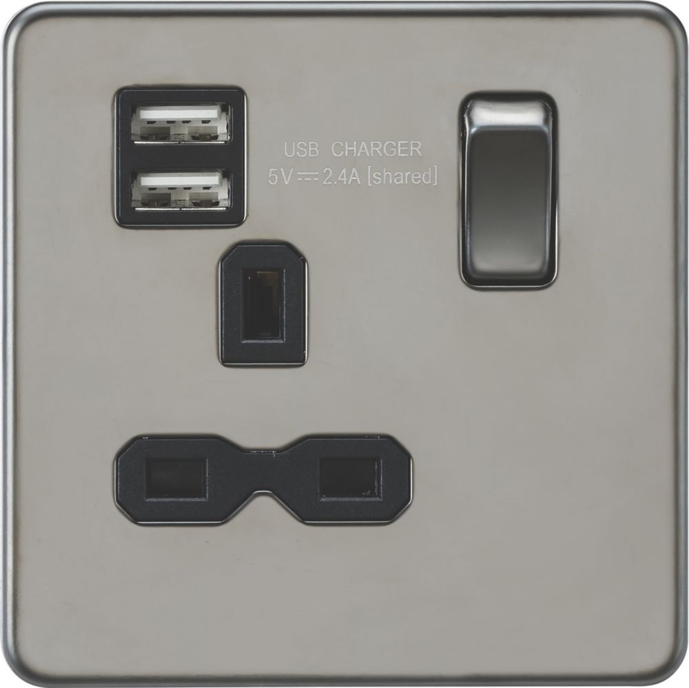 Image of Knightsbridge 13A 1-Gang SP Switched Socket + 2.4A 2-Outlet Type A USB Charger Black Nickel with Black Inserts 