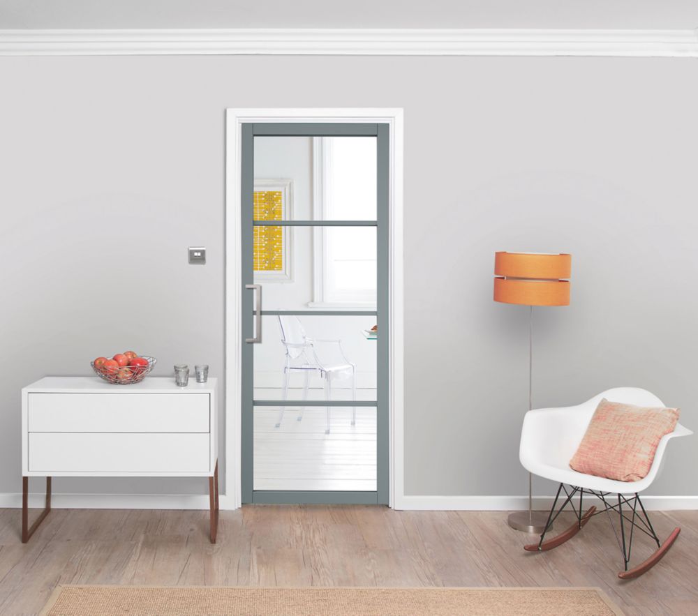 Image of Jeld-Wen 4-Clear Light Painted Grey Wooden Shaker Internal Door 1981mm x 762mm 