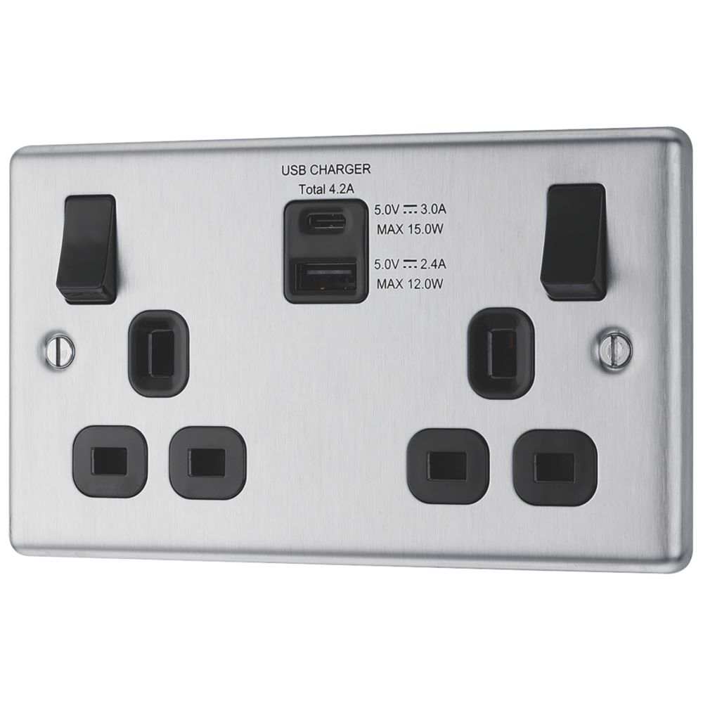Image of LAP 13A 2-Gang SP Switched Socket + 4.2A 2-Outlet Type A & C USB Charger Brushed Stainless Steel with Black Inserts 