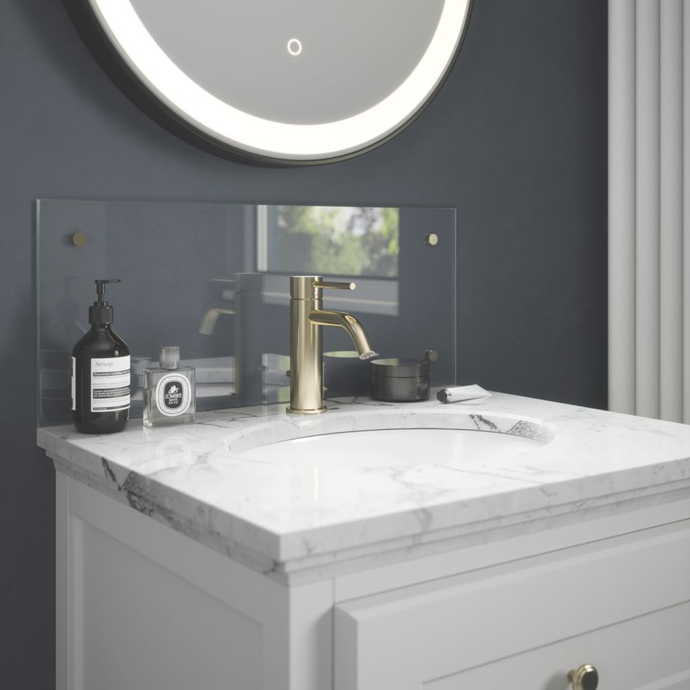 Image of Splashback Bathroom Splashback Crystal Clear with Polished Brass Caps 600mm x 250mm x 4mm 