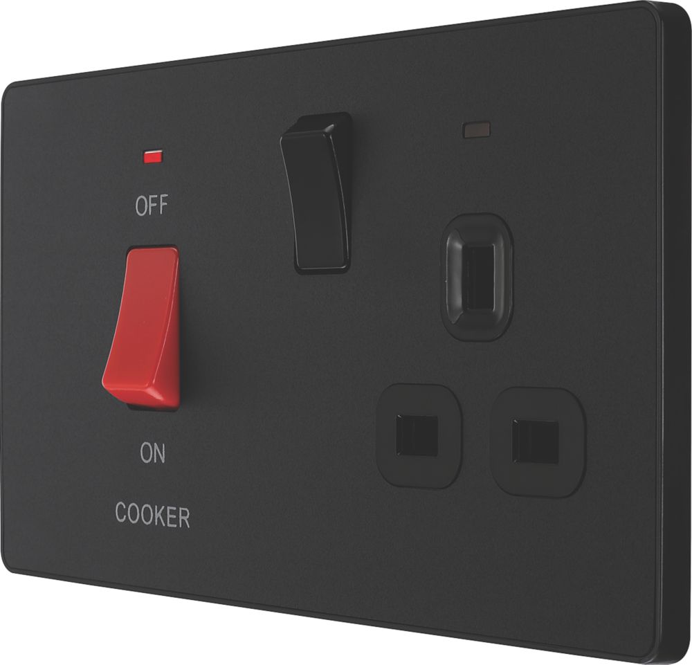 Image of British General Evolve 45A 2-Gang 2-Pole Cooker Switch & 13A DP Switched Socket Matt Black with LED with Black Inserts 