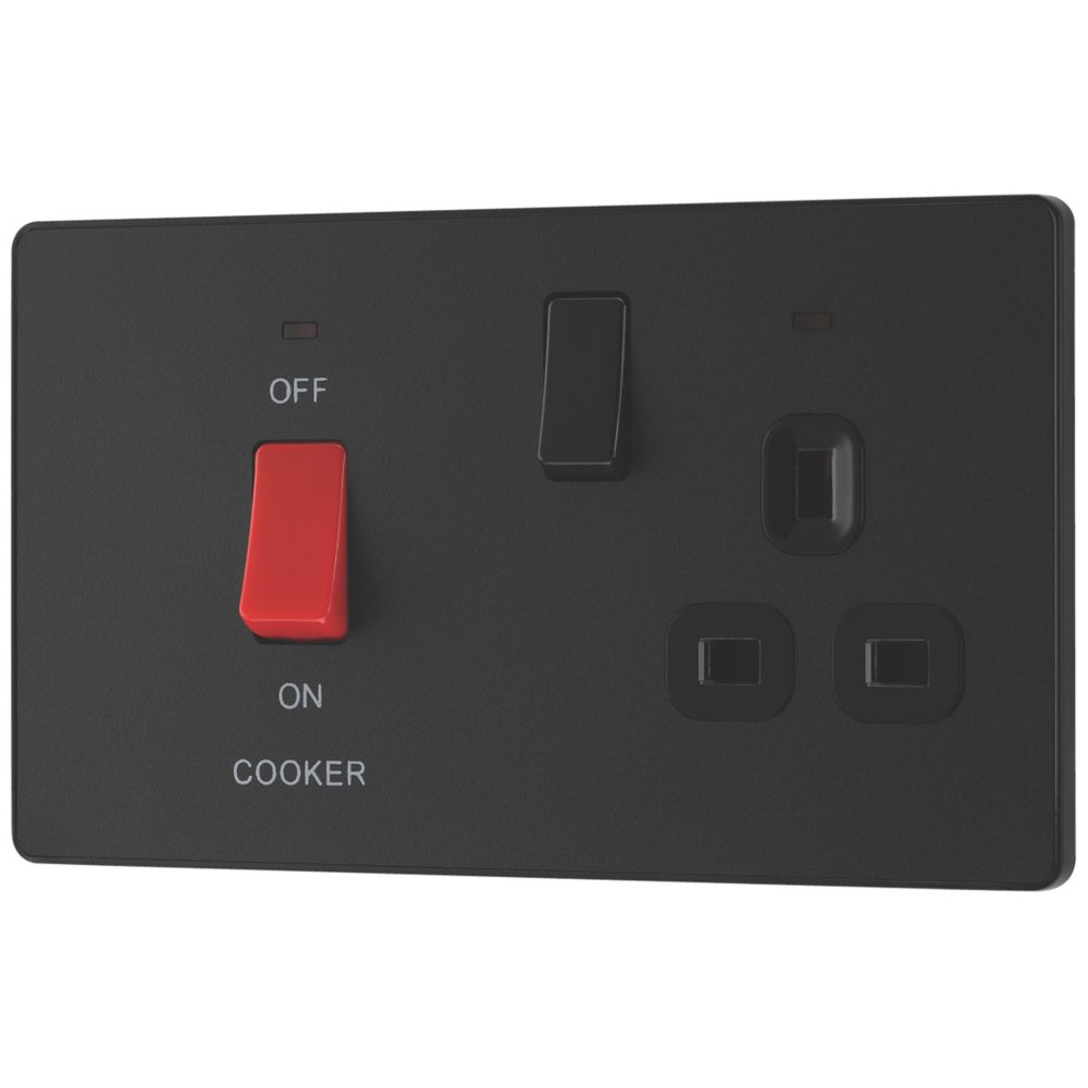 Image of British General Evolve 45A 2-Gang 2-Pole Cooker Switch & 13A DP Switched Socket Matt Black with LED with Black Inserts 