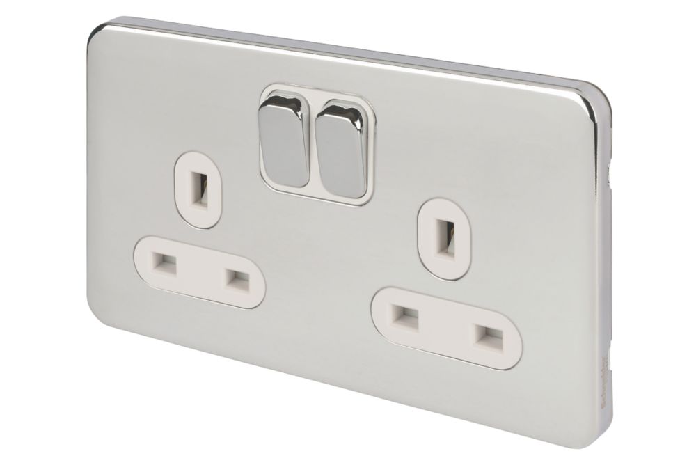 Image of Schneider Electric Lisse Deco 13A 2-Gang DP Switched Plug Socket Polished Chrome with White Inserts 
