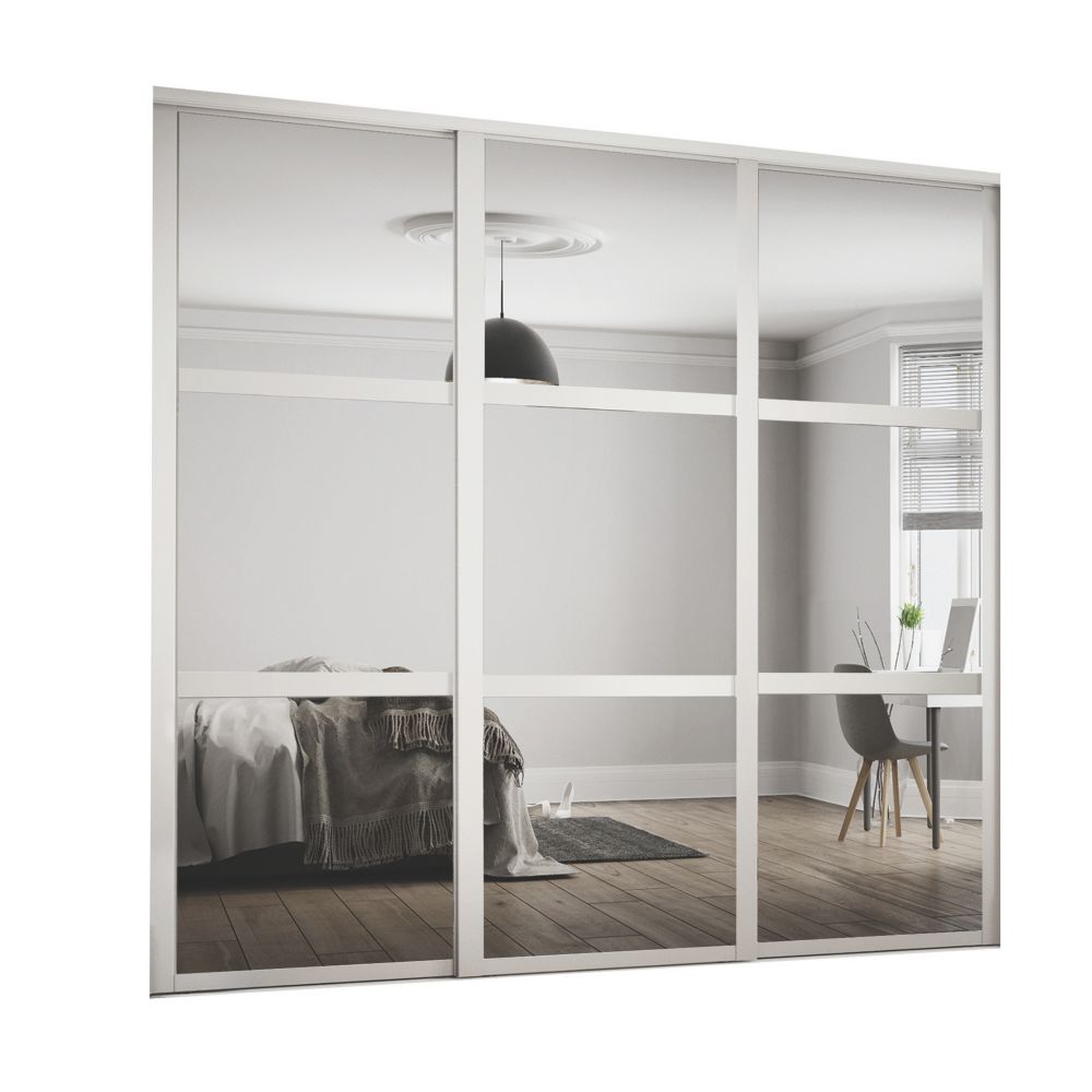 Image of Spacepro Shaker 3-Door Sliding Wardrobe Door Kit Cashmere Frame Mirror Panel 2978mm x 2260mm 