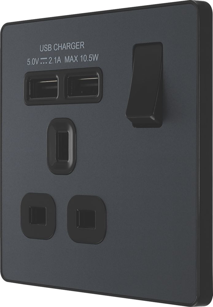 Image of British General Evolve 13A 1-Gang SP Switched Socket + 2.1A 2-Outlet Type A USB Charger Grey with Black Inserts 
