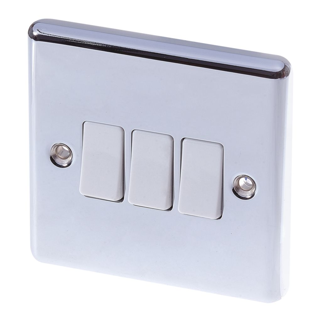 Image of LAP 10AX 3-Gang 2-Way Light Switch Polished Chrome with White Inserts 
