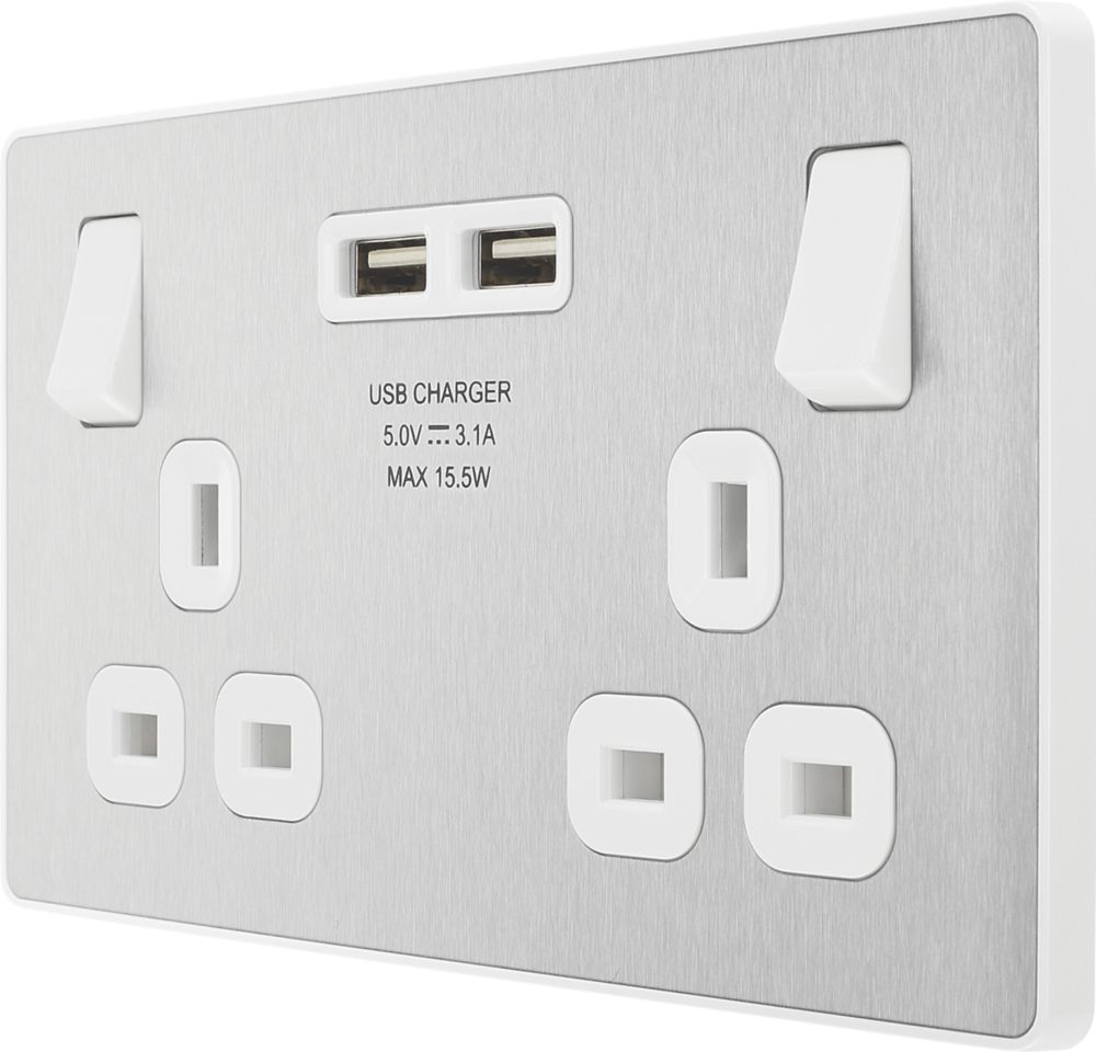 Image of British General Evolve 13A 2-Gang SP Switched Socket + 3.1A 2-Outlet Type A USB Charger Brushed Steel with White Inserts 