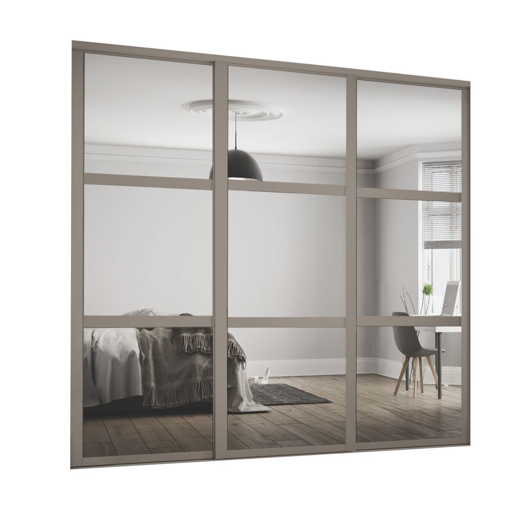 Image of Spacepro Shaker 3-Door Sliding Wardrobe Door Kit Stone Grey Frame Mirror Panel 1760mm x 2260mm 